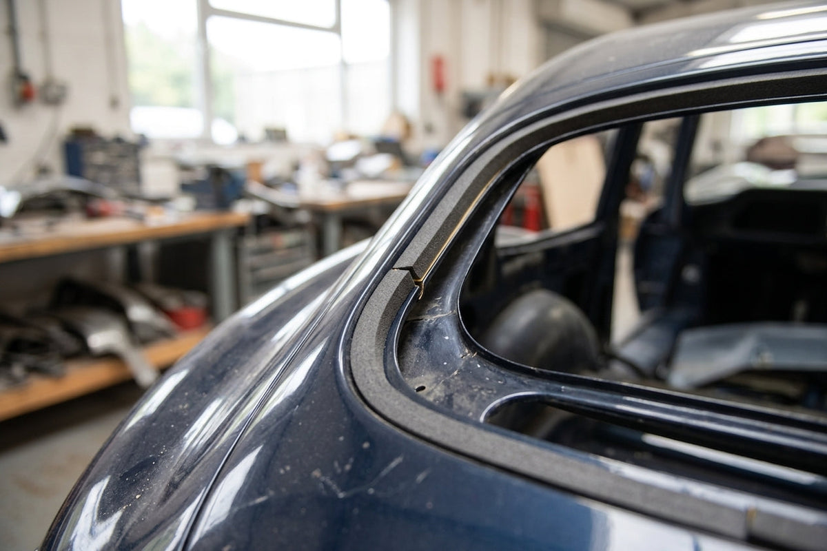 Self-adhesive foam strip fitted along a dark blue classic car's window edge