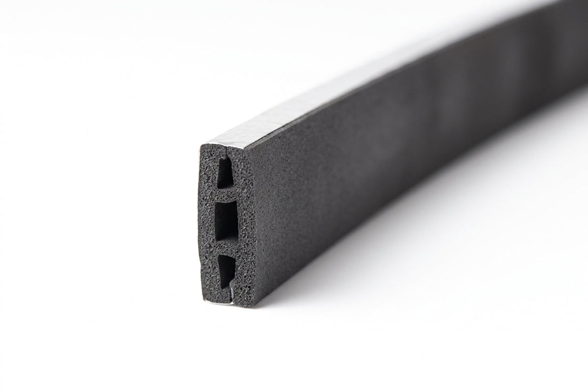 Black closed-cell foam strip curved, showing its triple-chamber hollow profile