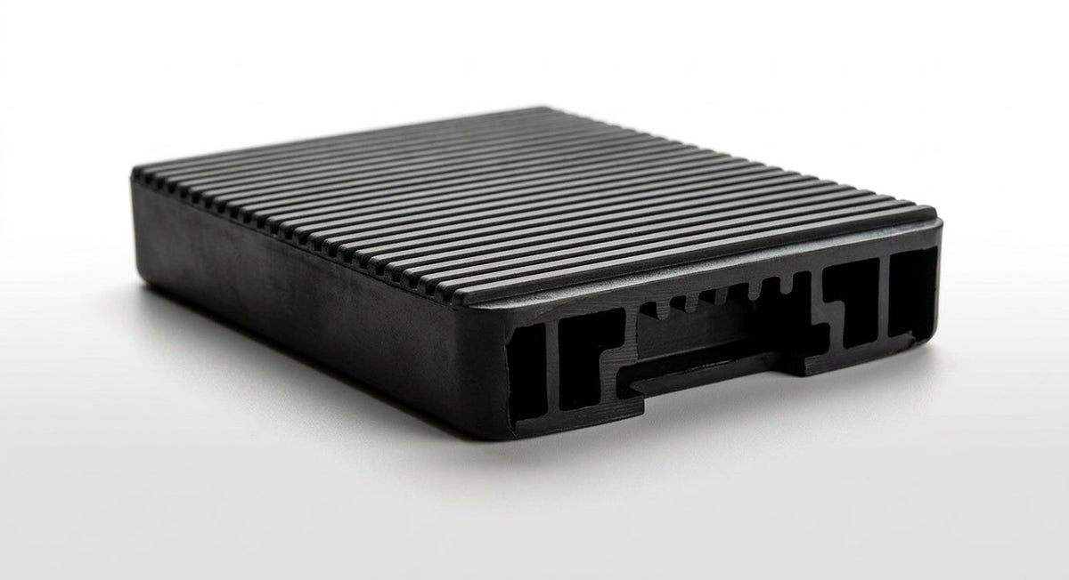 Black ribbed rectangular rubber pedal pad, studio shot on white background