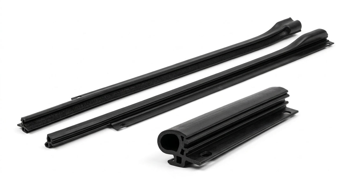 Pair of black A-pillar seal mouldings plus corner piece on white background