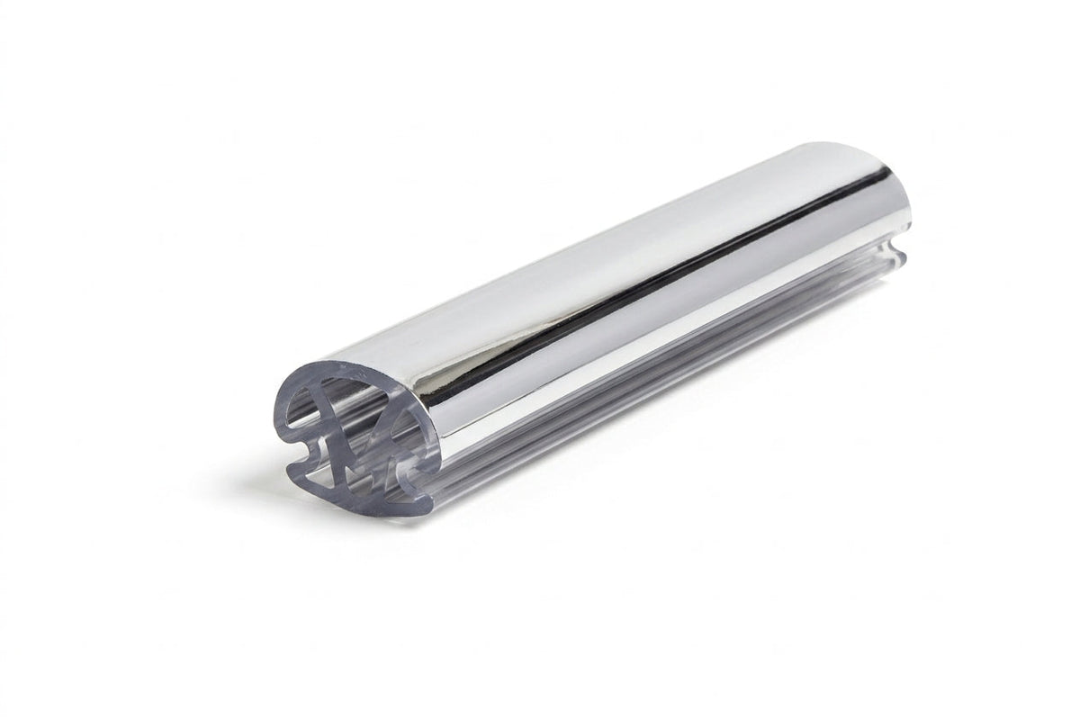 Chrome-finish filler strip with clear locking leg, angled studio shot