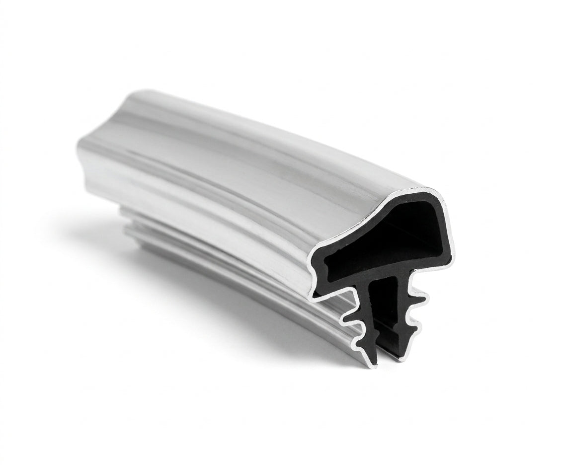Curved length of bright chrome edge trim with black rubber grip channel underneath
