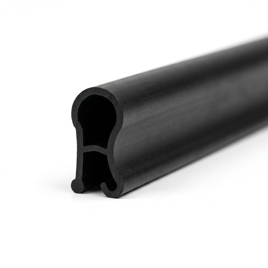 Length of black PVC edge trim with keyhole channel, shown end-on on white background