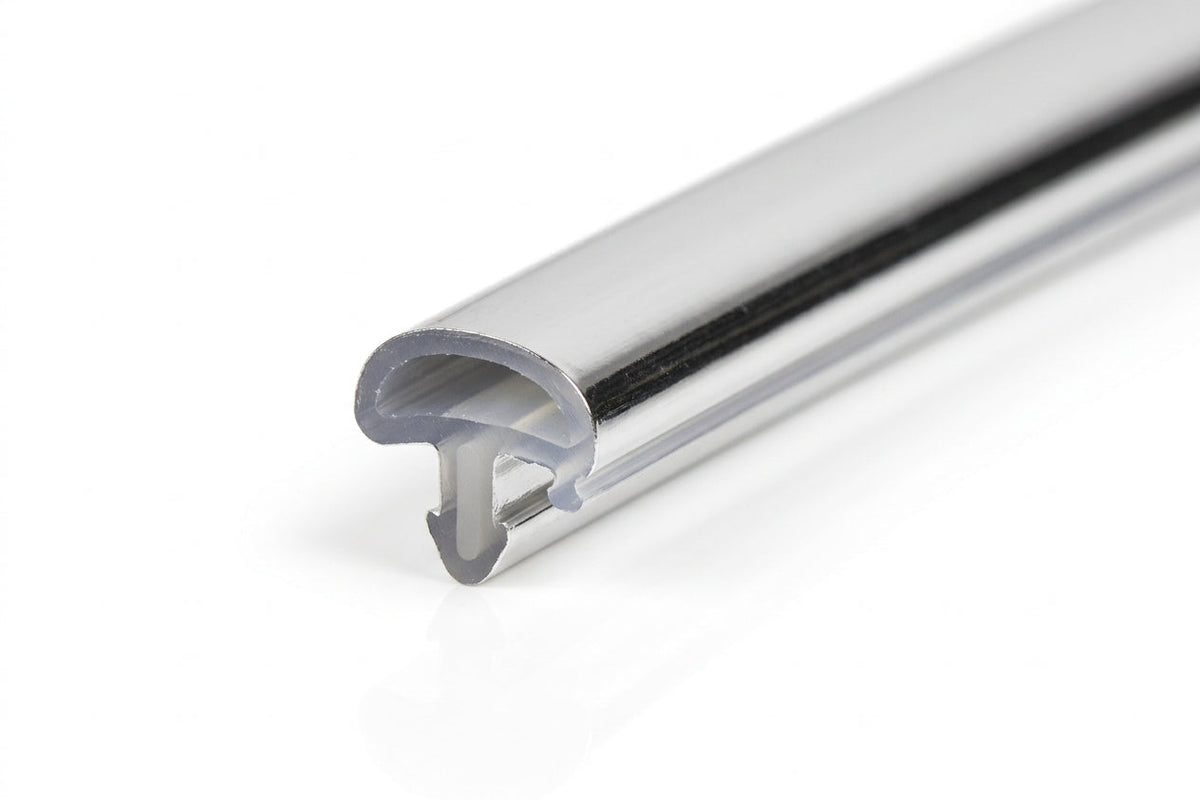 PVC chrome filler/locking strip shown as a glossy chrome-finish extruded profile
