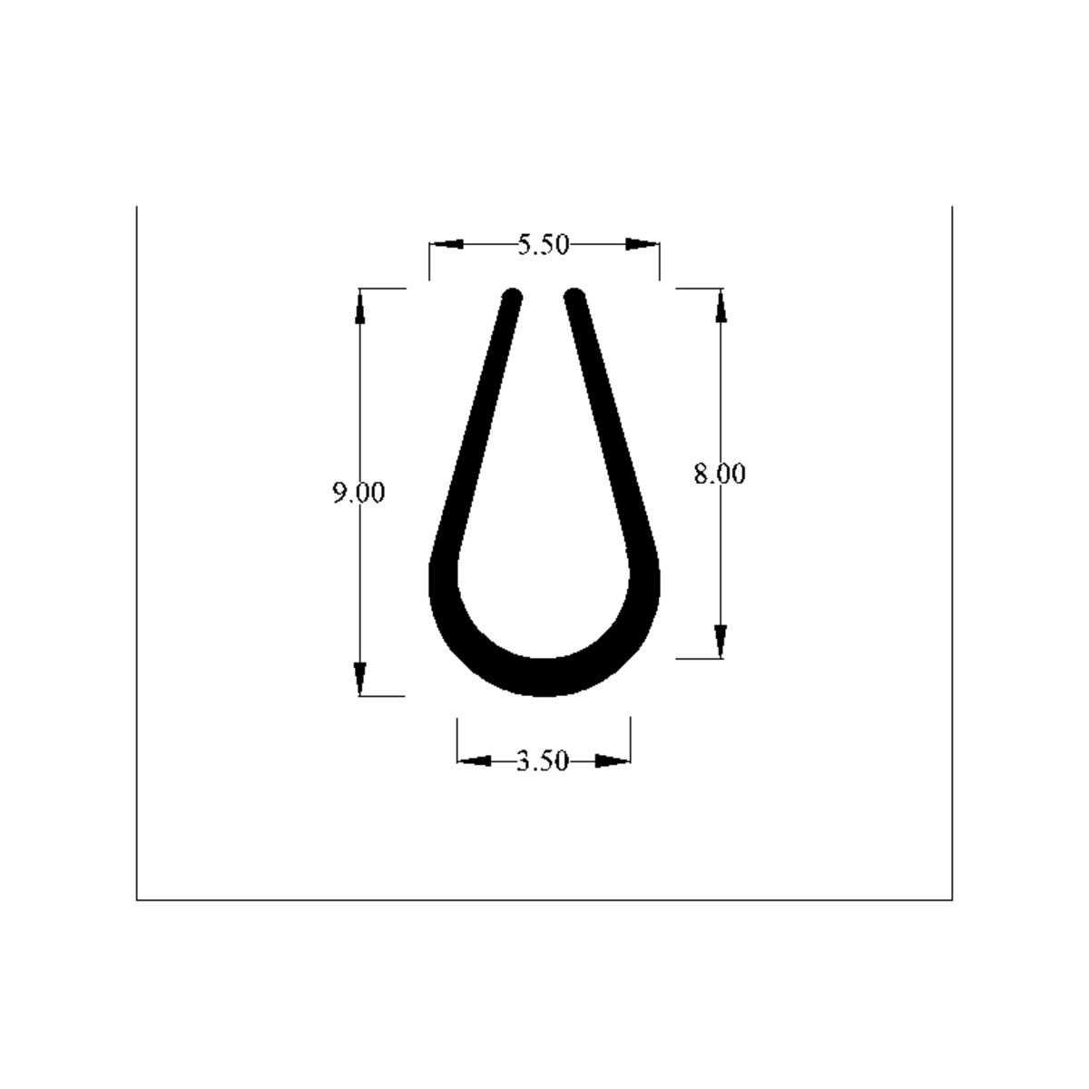 Diagram of the teardrop-shaped trim profile, 9.00mm tall and 5.50mm wide