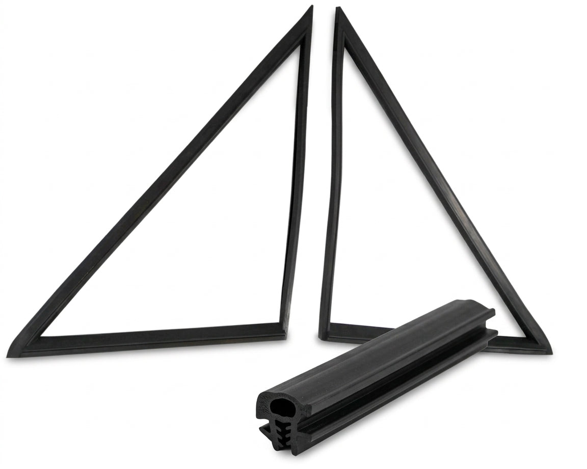 Pair of black triangular quarterlight seal frames with a straight seal, white background