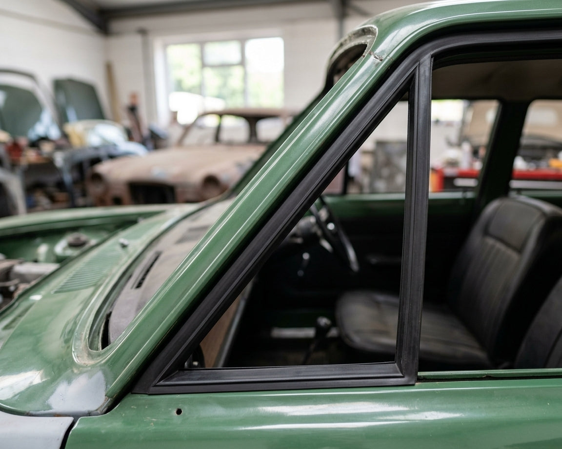 Black quarterlight seal fitted around a green Cortina Mk2's rear side window