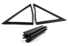 Pair of black triangular quarterlight frames with a straight seal piece, white background