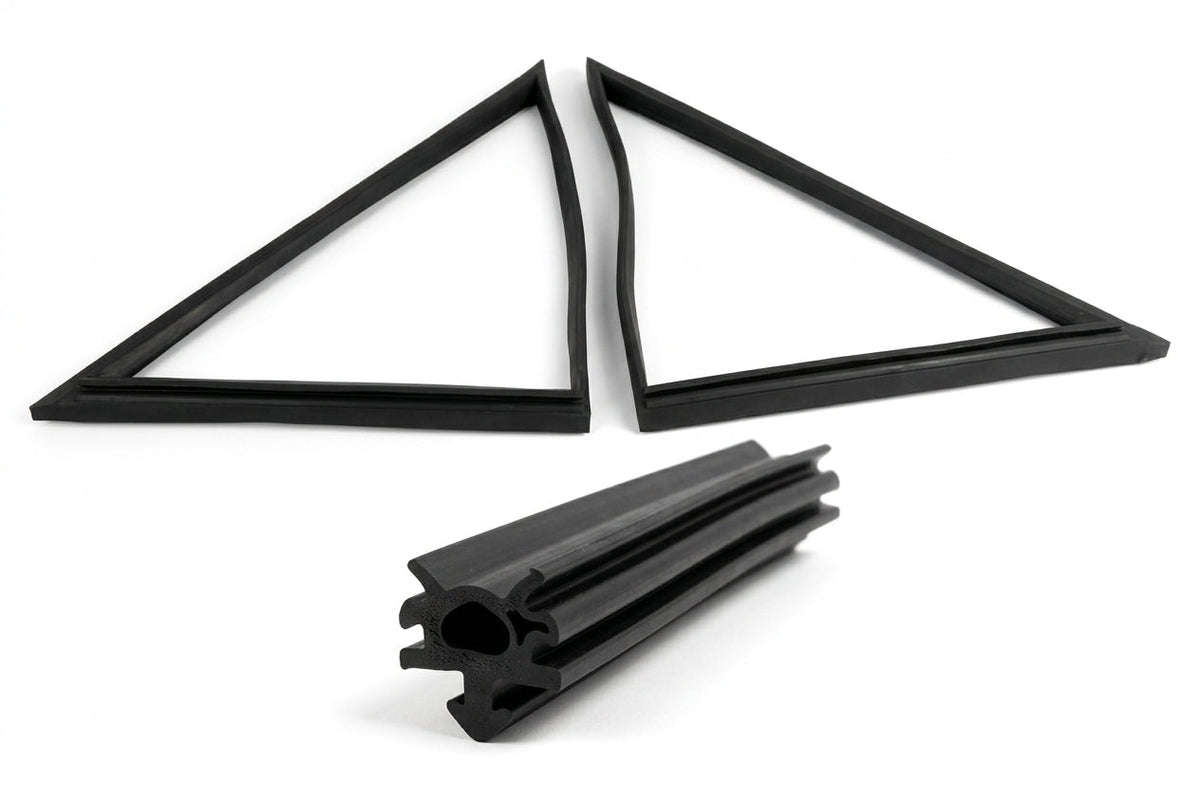 Pair of black triangular quarterlight frames with a straight seal piece, white background