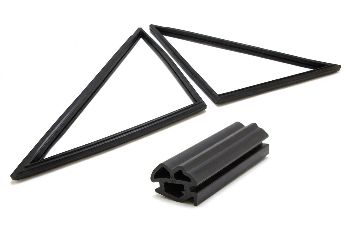 Pair of black triangular quarterlight seals with a straight seal piece, white background