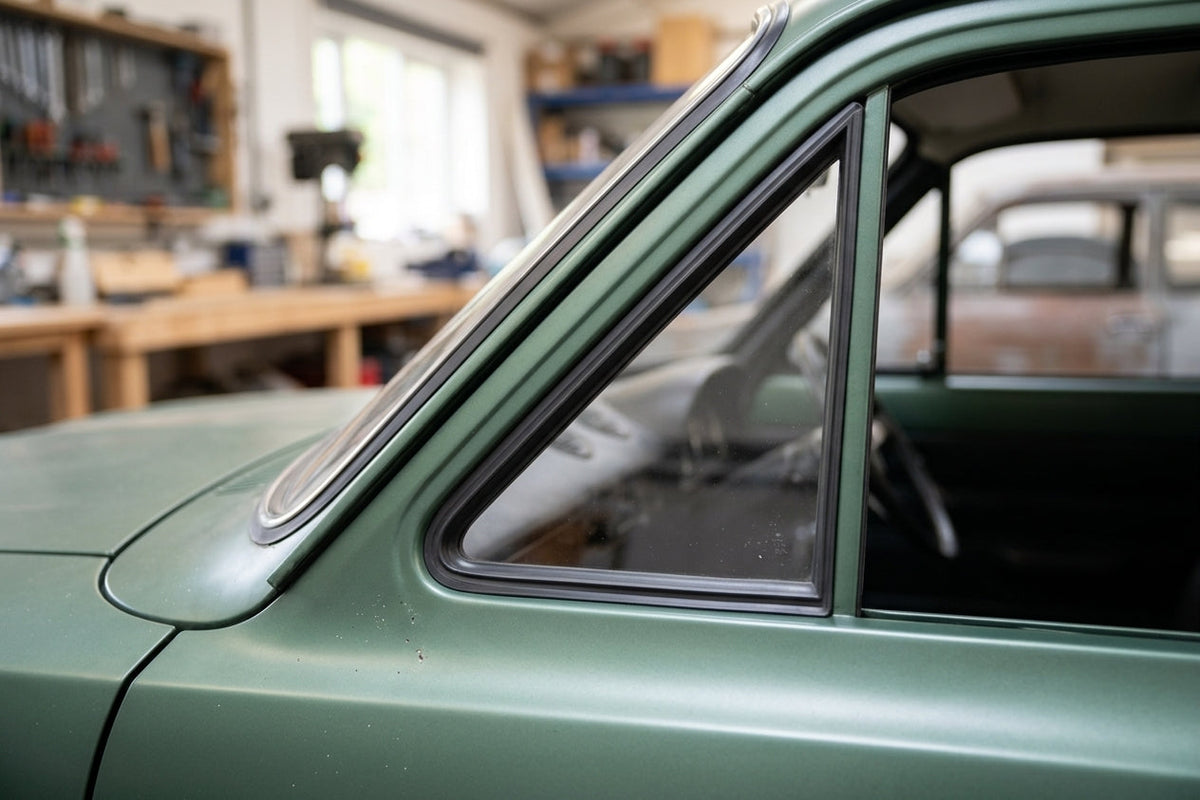 Quarterlight seal fitted around a green Escort Mk1 4-door's rear side window