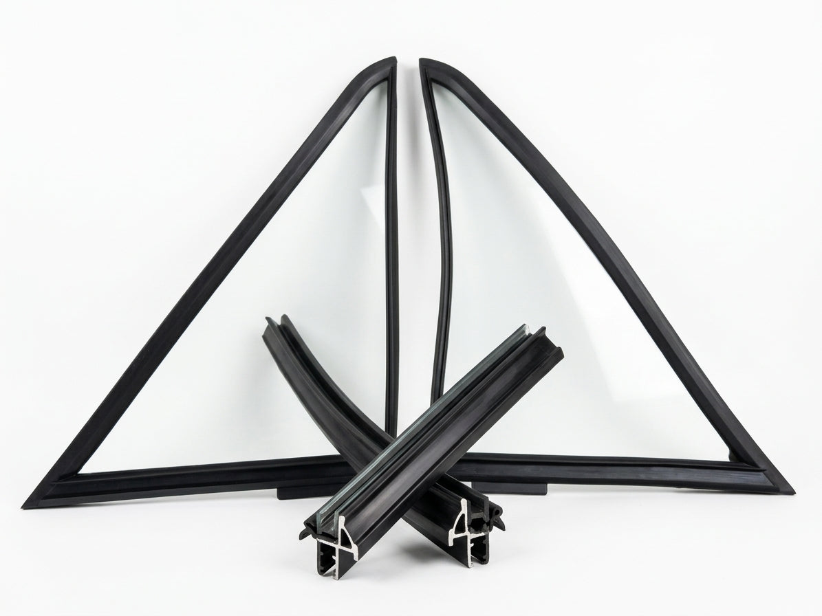 Pair of black triangular quarterlight seals crossed with two straight profiles, white background