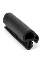 Rounded black rubber seal profile shown at an angle with a finned mounting foot
