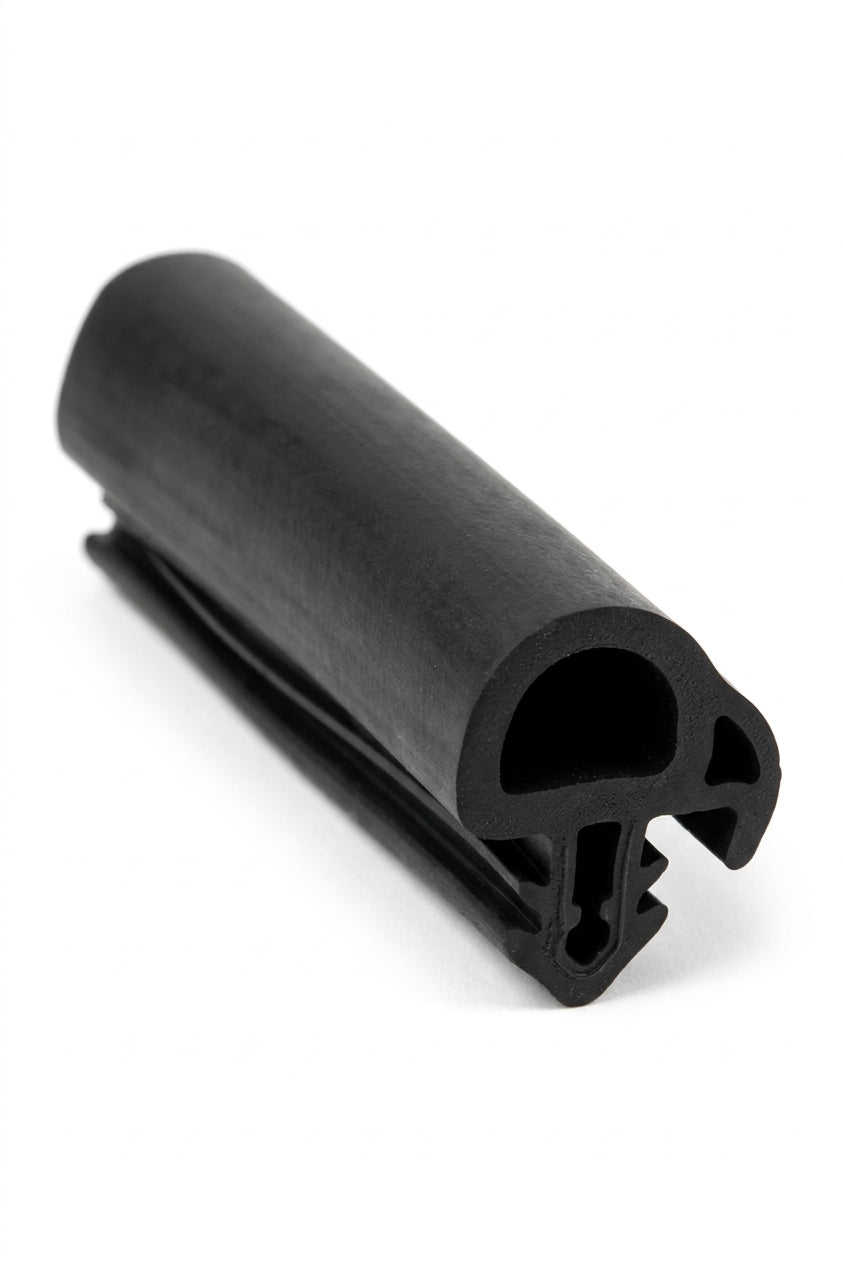 Rounded black rubber seal profile shown at an angle with a finned mounting foot
