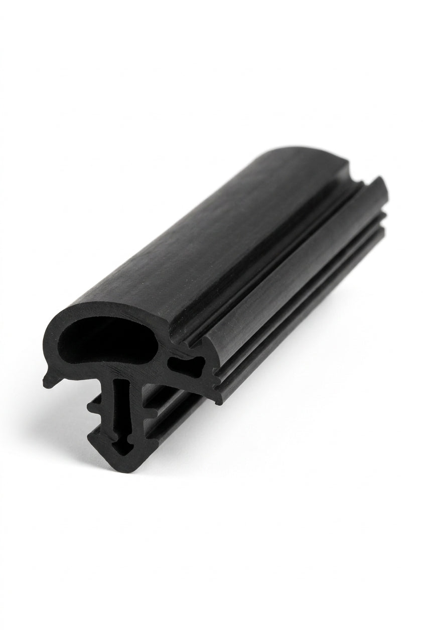 Black rubber quarterlight seal cut length at an angle with a ribbed bulb profile