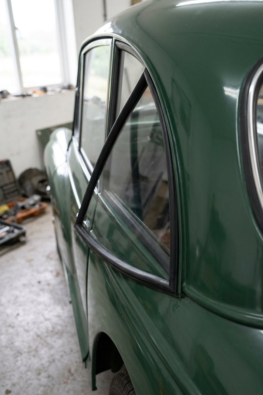 Seal lines the rear triangular quarterlight frame of a dark green classic car