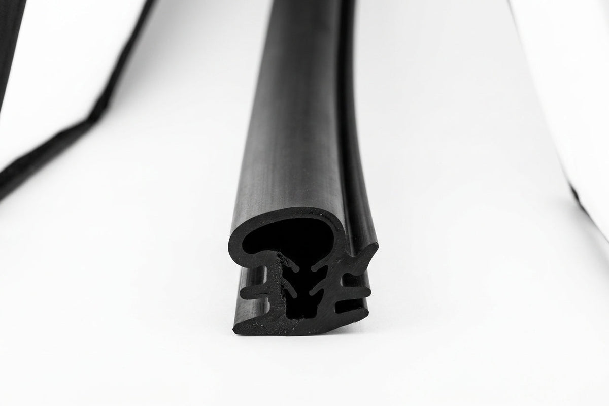 End-on view of black quarterlight seal showing its serrated gripping channel
