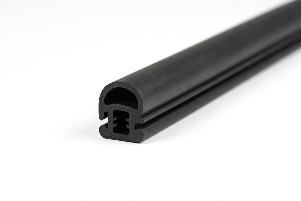 Length of black rubber quarterlight seal with serrated gripping channel, studio shot