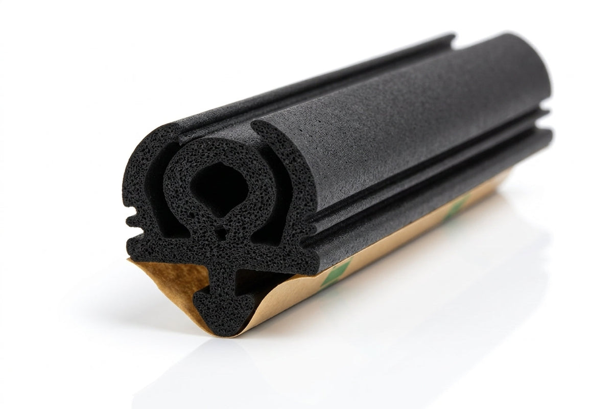 Black sponge rubber seal with hollow bulb and finned base, peel-off paper backing visible on cut end