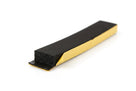 Black sponge strip with yellow self-adhesive backing peeled back, angled studio shot of cut end