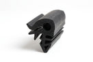 Black sponge seal with hollow bulb, side fin and split mounting base, cut end shown at an angle