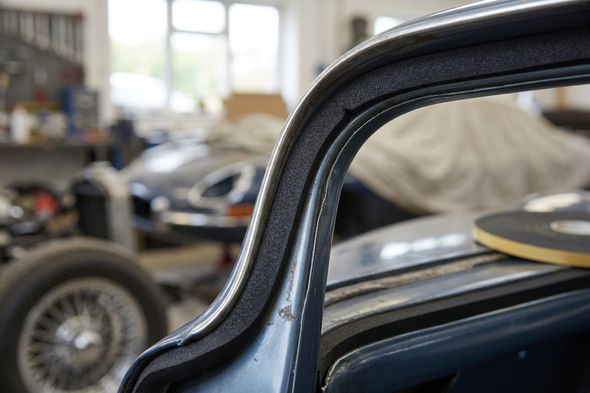 Black sponge strip fitted around a roof pillar of a classic car, adhesive tape roll visible behind