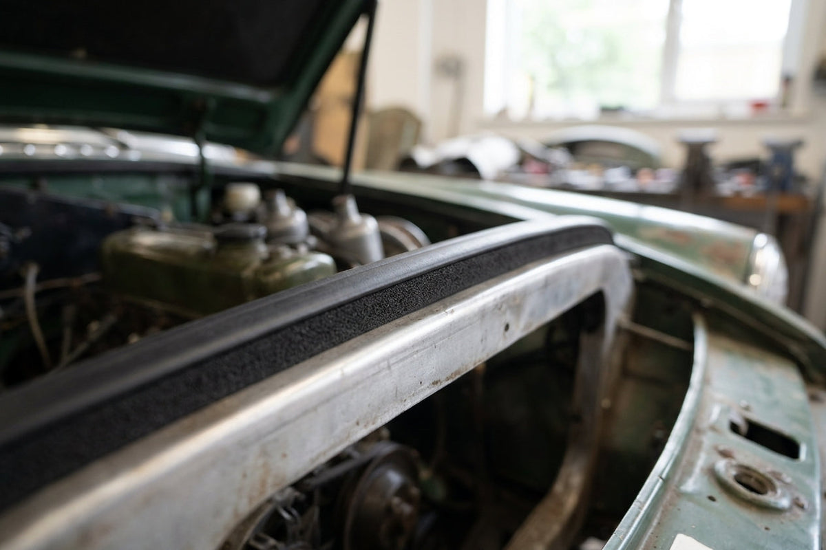 Black sponge trim fitted along a bonnet edge above the engine bay of a green classic car