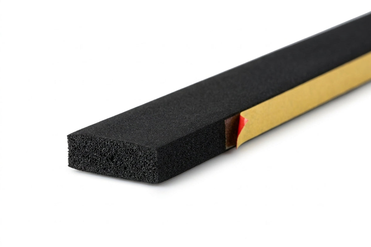 Flat black sponge strip with gold adhesive backing and red release liner tab, studio shot