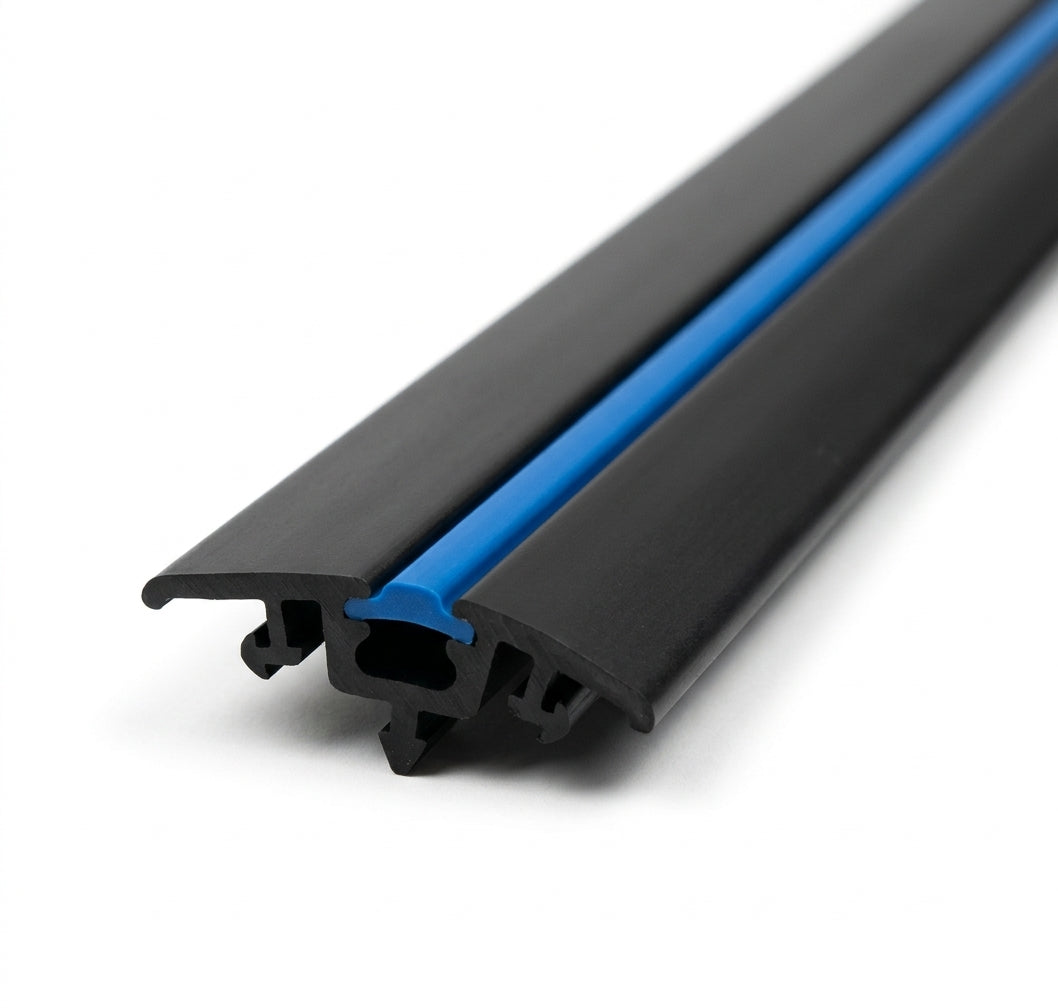 Black door moulding profile with blue centre insert strip, angled studio shot