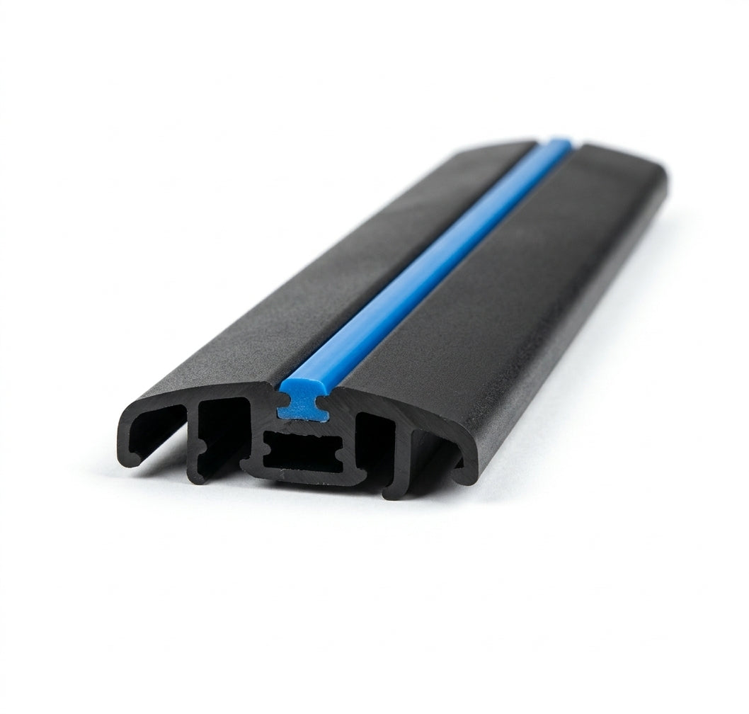 Black door moulding profile with blue centre insert, angled studio shot