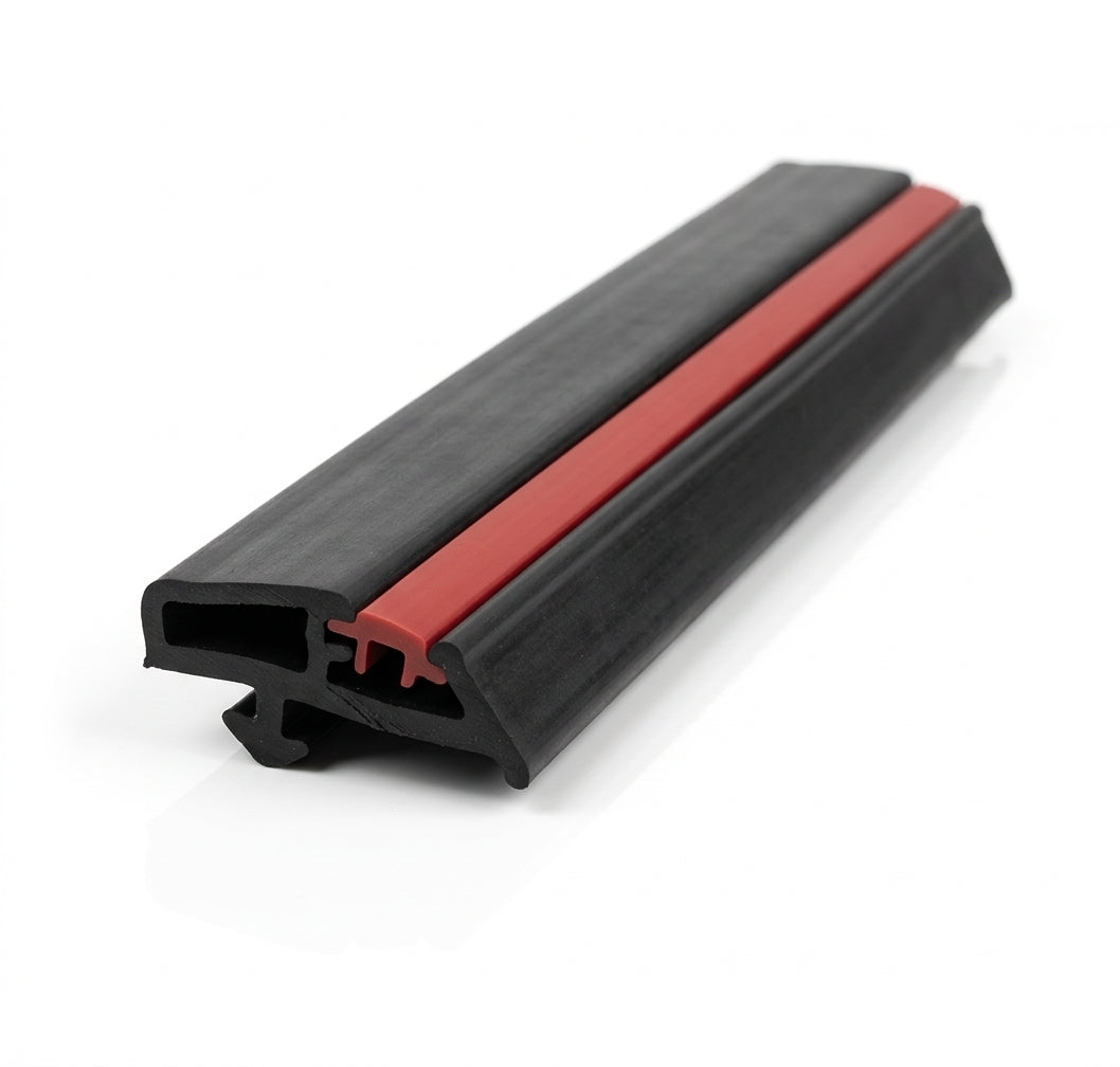 Black door moulding profile with red centre insert strip, angled studio shot