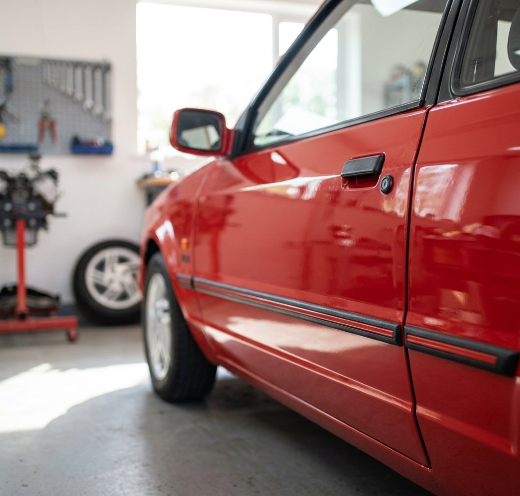 Black door moulding fitted along a red Escort's door edge, workshop with tools