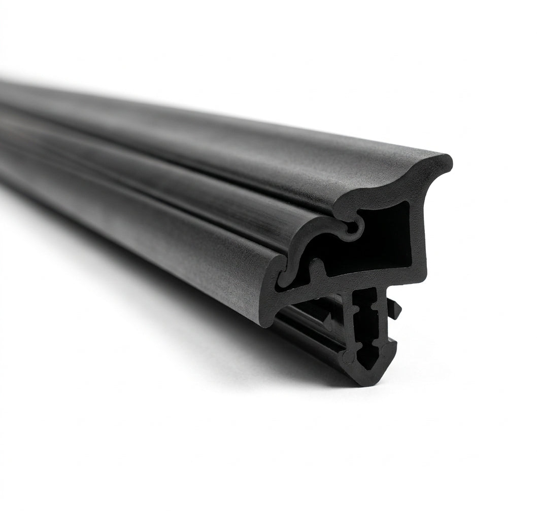 Black door moulding profile, textured finish, close-up angled studio shot