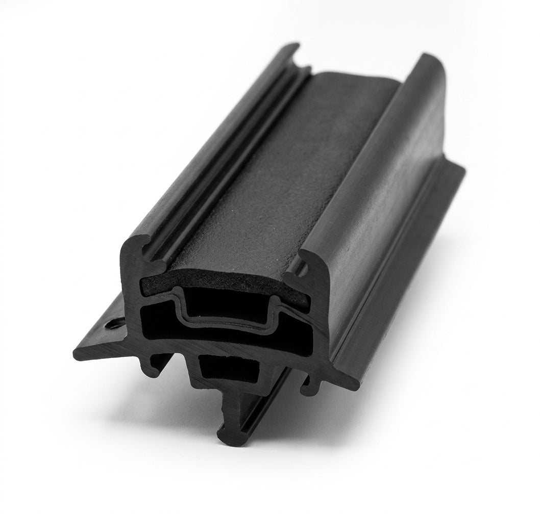Black door moulding profile with glossy insert channel, angled studio shot