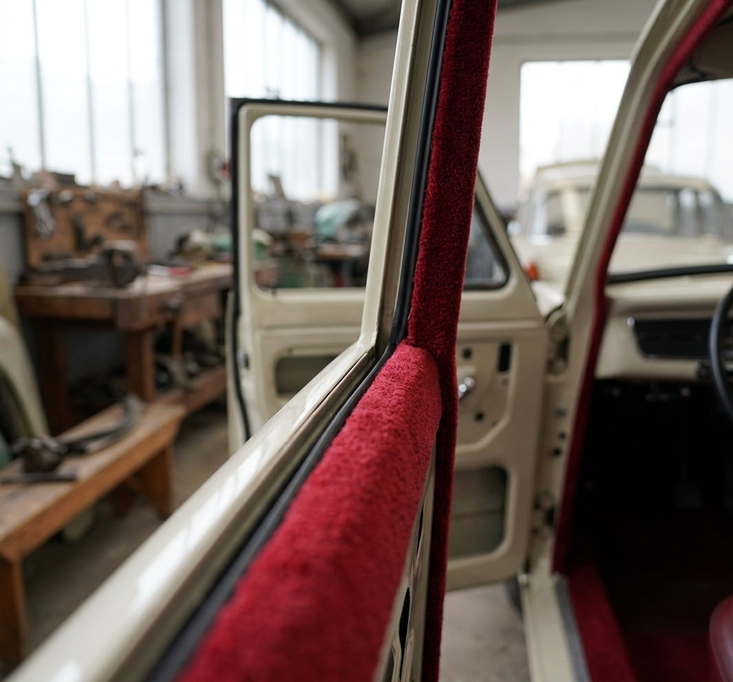 Red wool-pile edge trim fitted around a door frame on a cream classic car