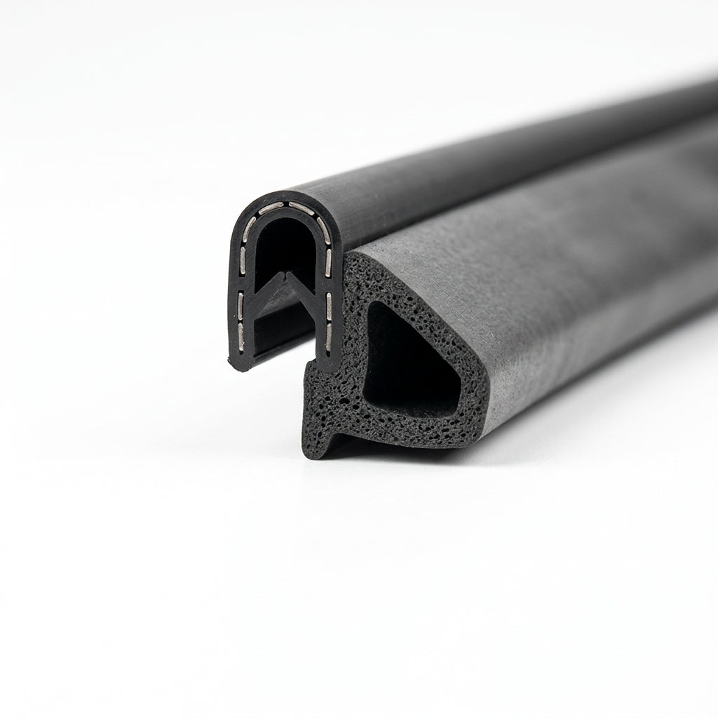 Coiled black self-grip rubber seal showing triangular sponge section, close-up