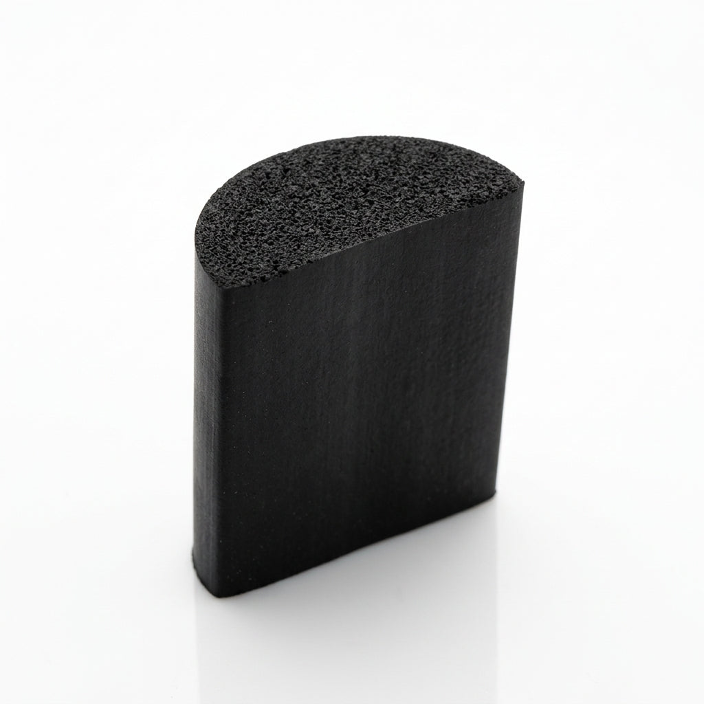 Black half-round sponge rubber section, cut end showing the porous domed face