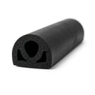 Black D-section sponge rubber with teardrop-shaped hollow bore and rib base, cut end shown