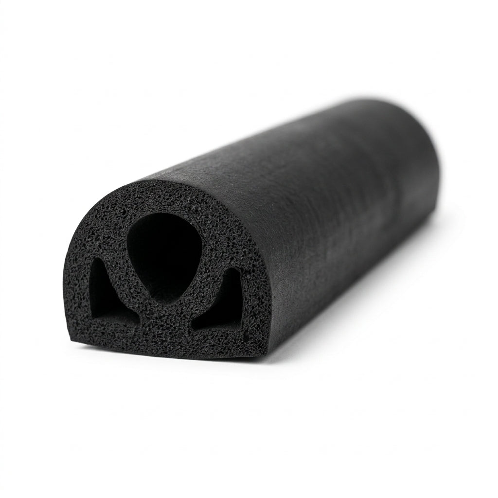 Black D-section sponge rubber with teardrop-shaped hollow bore and rib base, cut end shown