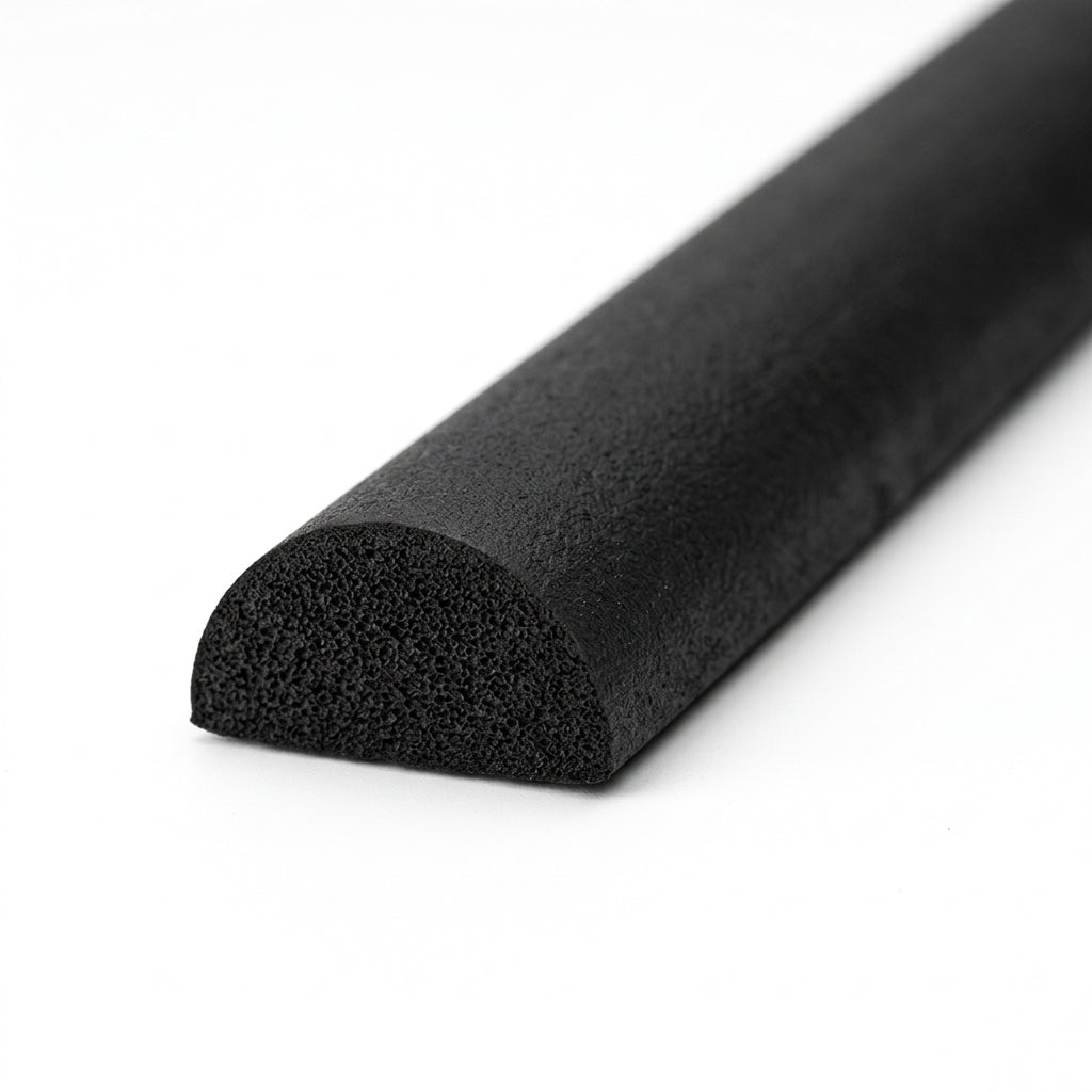 Long black half-round sponge rubber extrusion, close-up on the cut end showing porous texture