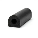 Black hollow D-section sponge rubber seal with round bore, angled studio shot of the cut end
