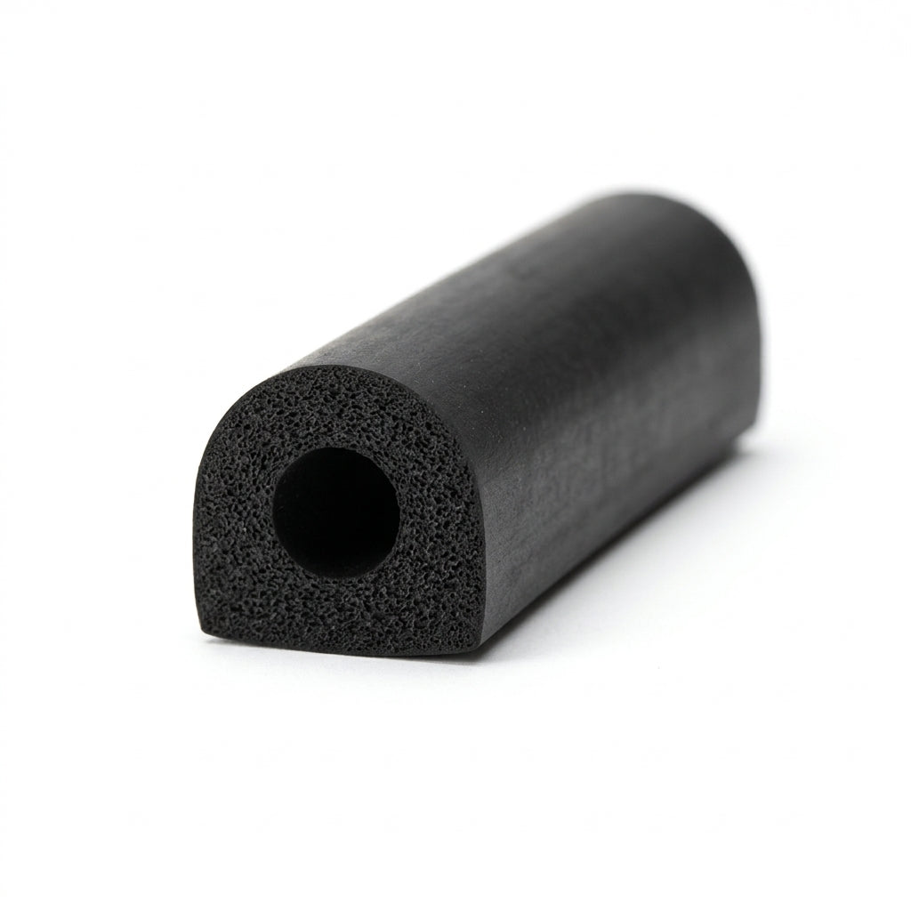 Black hollow D-section sponge rubber seal with round bore, angled studio shot of the cut end