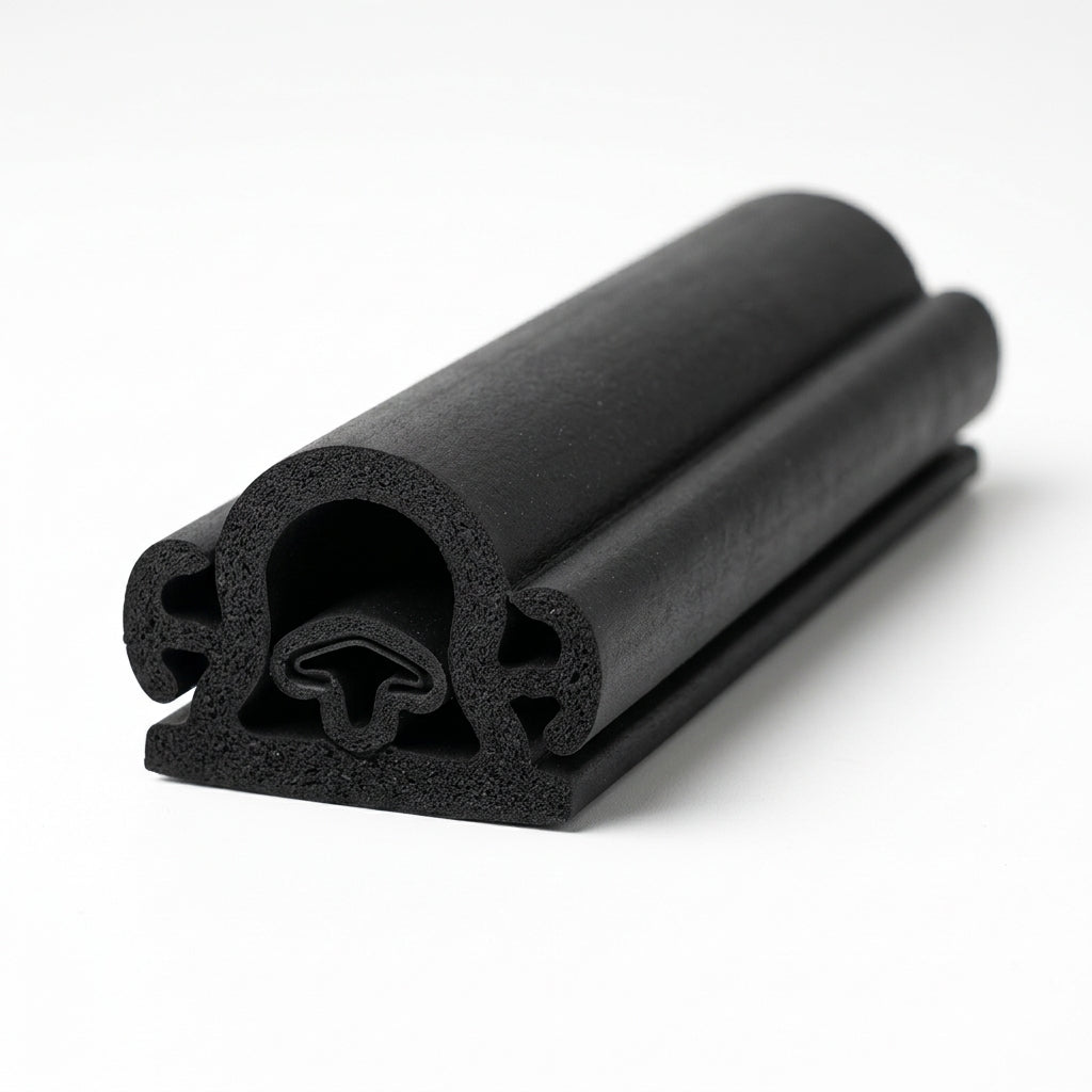 Black D-section sponge rubber with mushroom-shaped internal void and finned mounting base, cut end