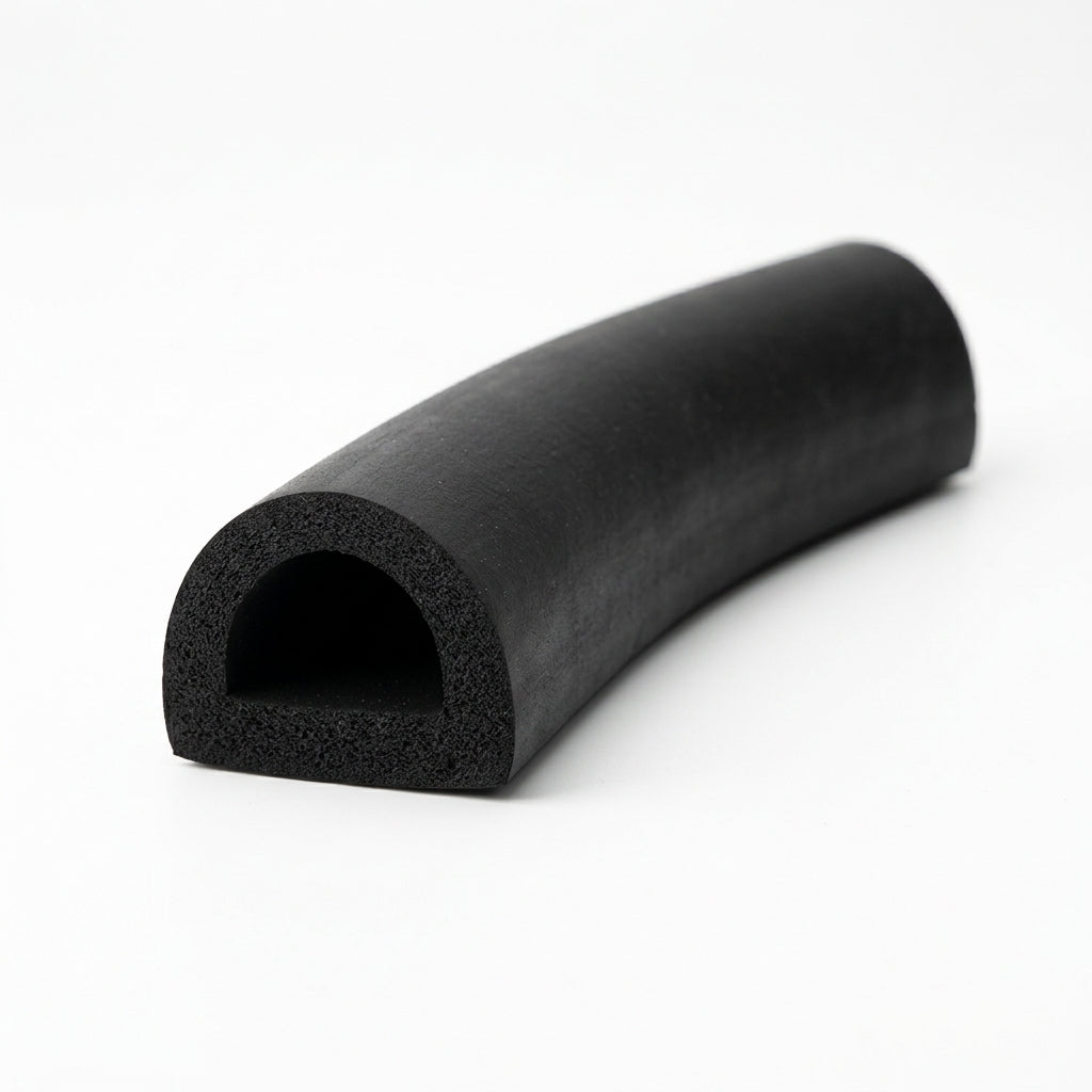 Curved length of black D-section sponge rubber showing the hollow bore at the cut end