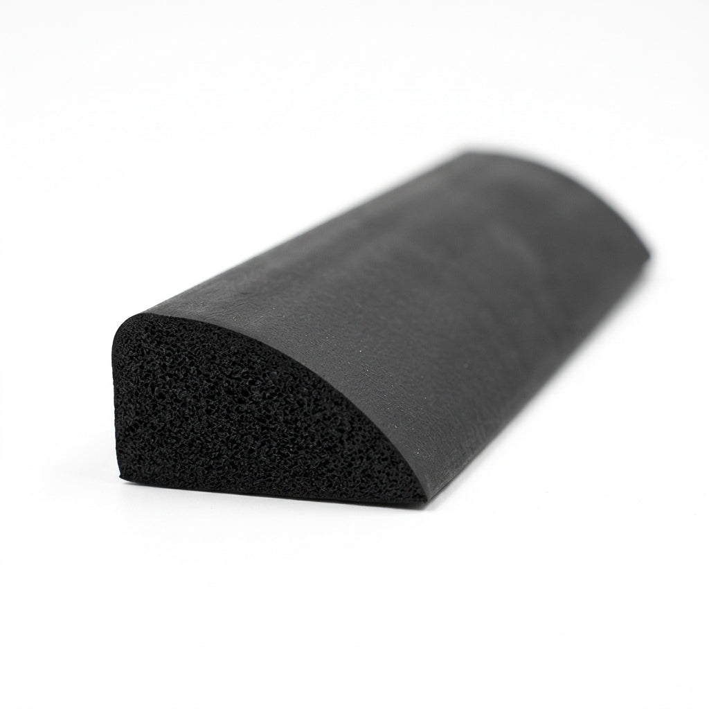 Black sponge rubber wedge strip showing porous cut-end texture, angled shot