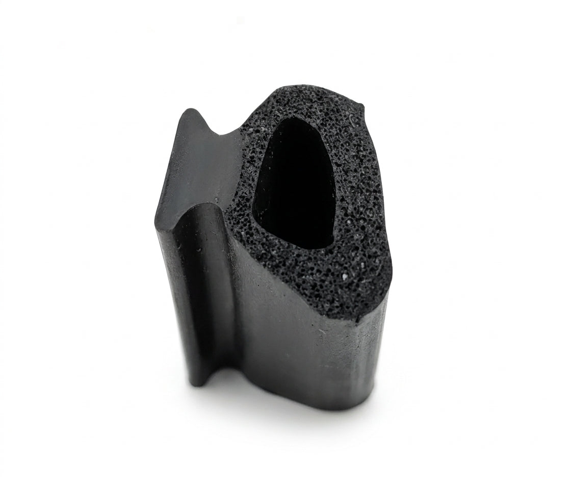 Black sponge rubber seal shown end-on with textured hollow bulb, studio shot