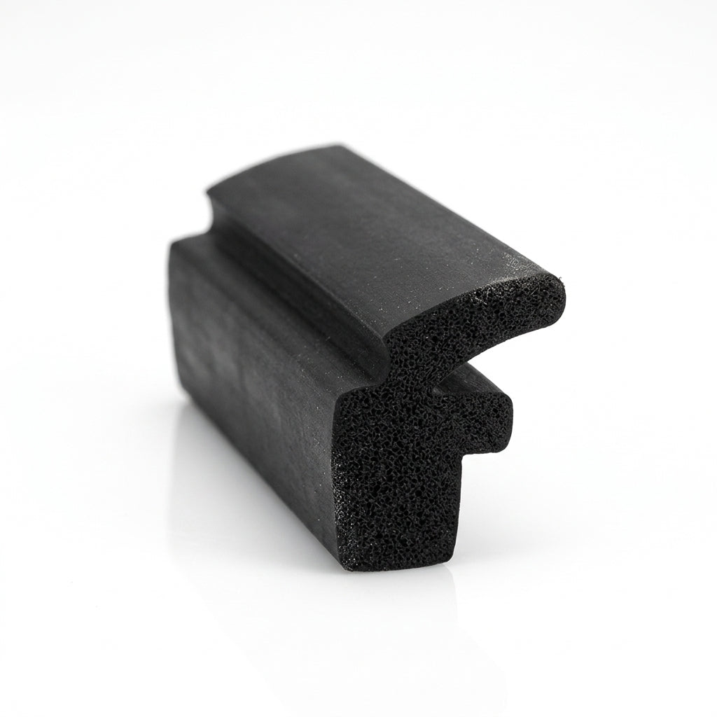 Black expanded neoprene section with a hooked flange, cut end showing porous cell structure