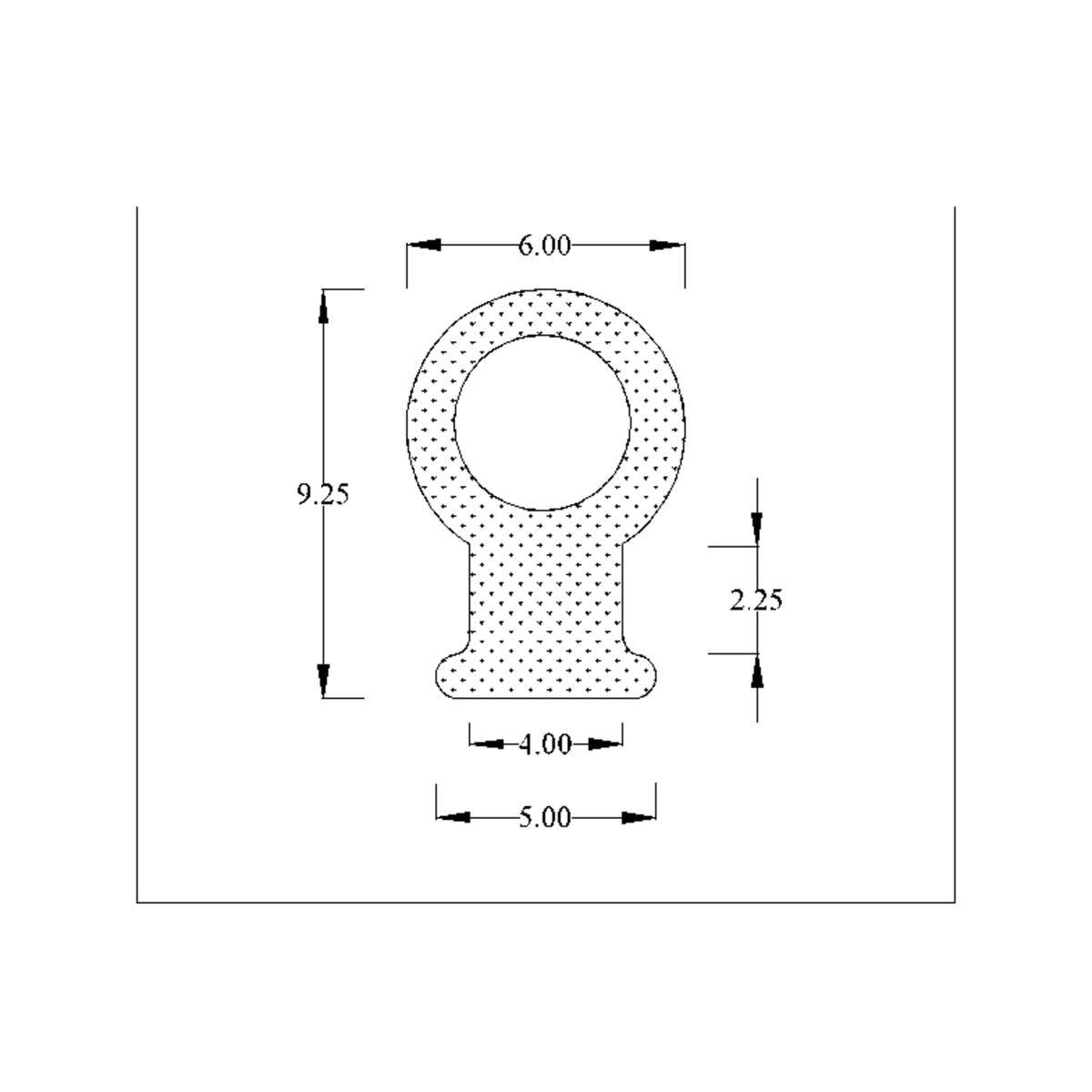 Dimensioned cross-section diagram of the bulb-and-foot sponge seal with 9.25mm, 6mm and 5mm marks