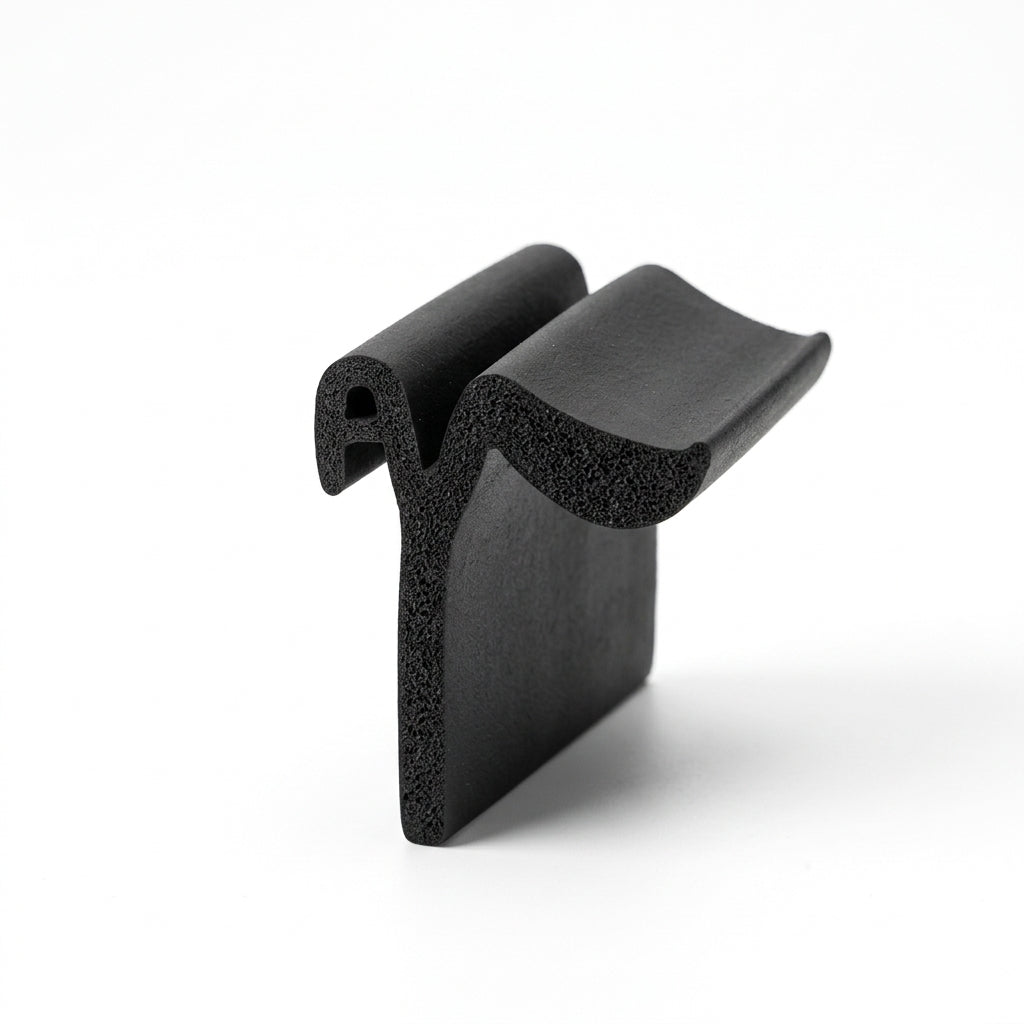 Black expanded neoprene sponge profile end cut, showing open-cell porous texture, studio shot