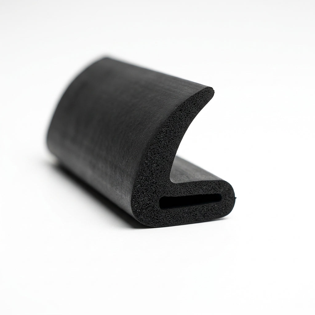 Black sponge rubber hollow seal section, angled end-on view on white background